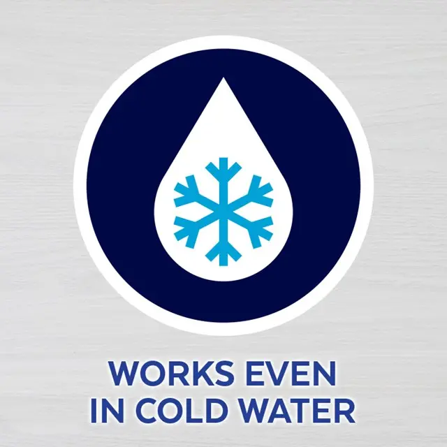 A cartoon droplet with a snowflake. Text says "works even in cold water"